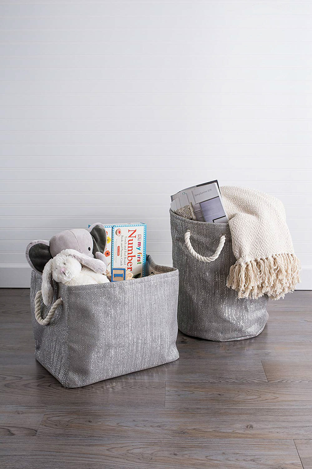 Gray/Silver Lurex Paper Bin Round Small, 13.75x13.75x12