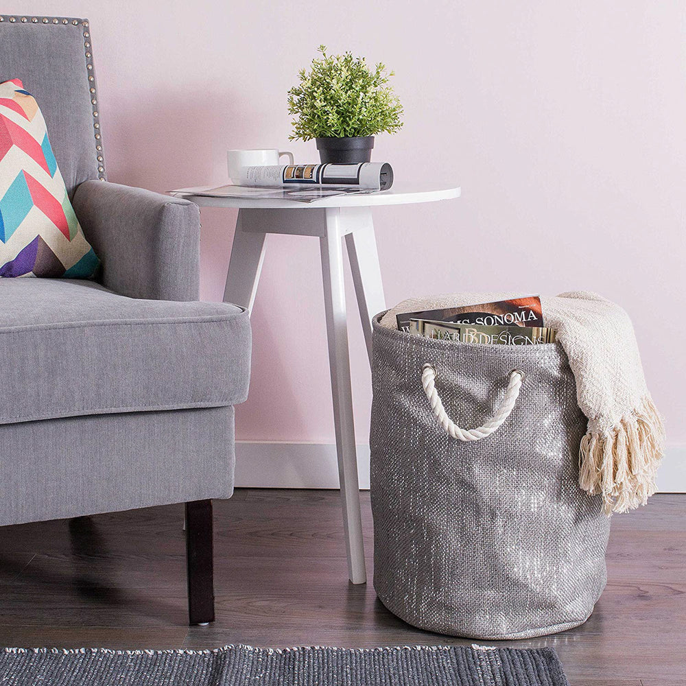 Gray/Silver Lurex Paper Bin Round Small, 13.75x13.75x12