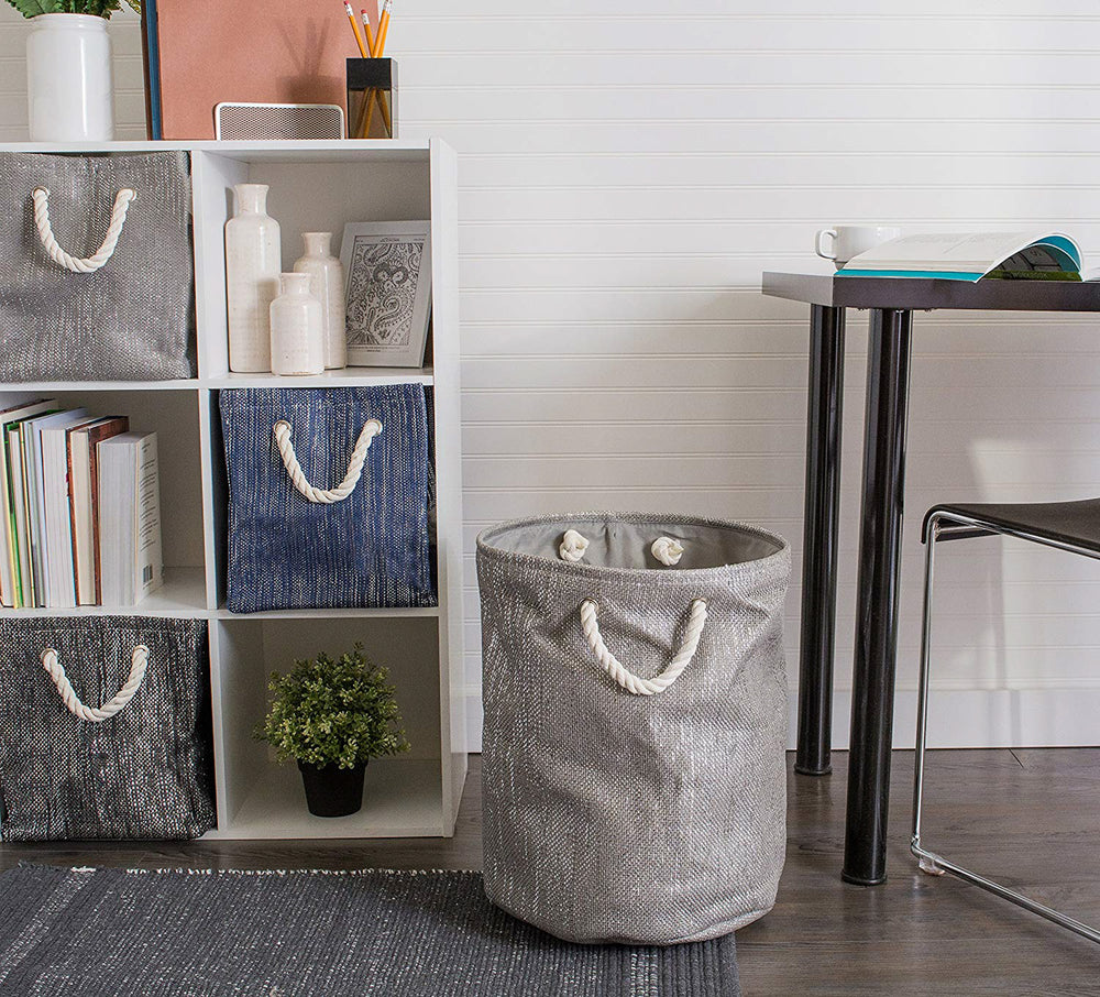 Gray/Silver Lurex Paper Bin Round Small, 13.75x13.75x12