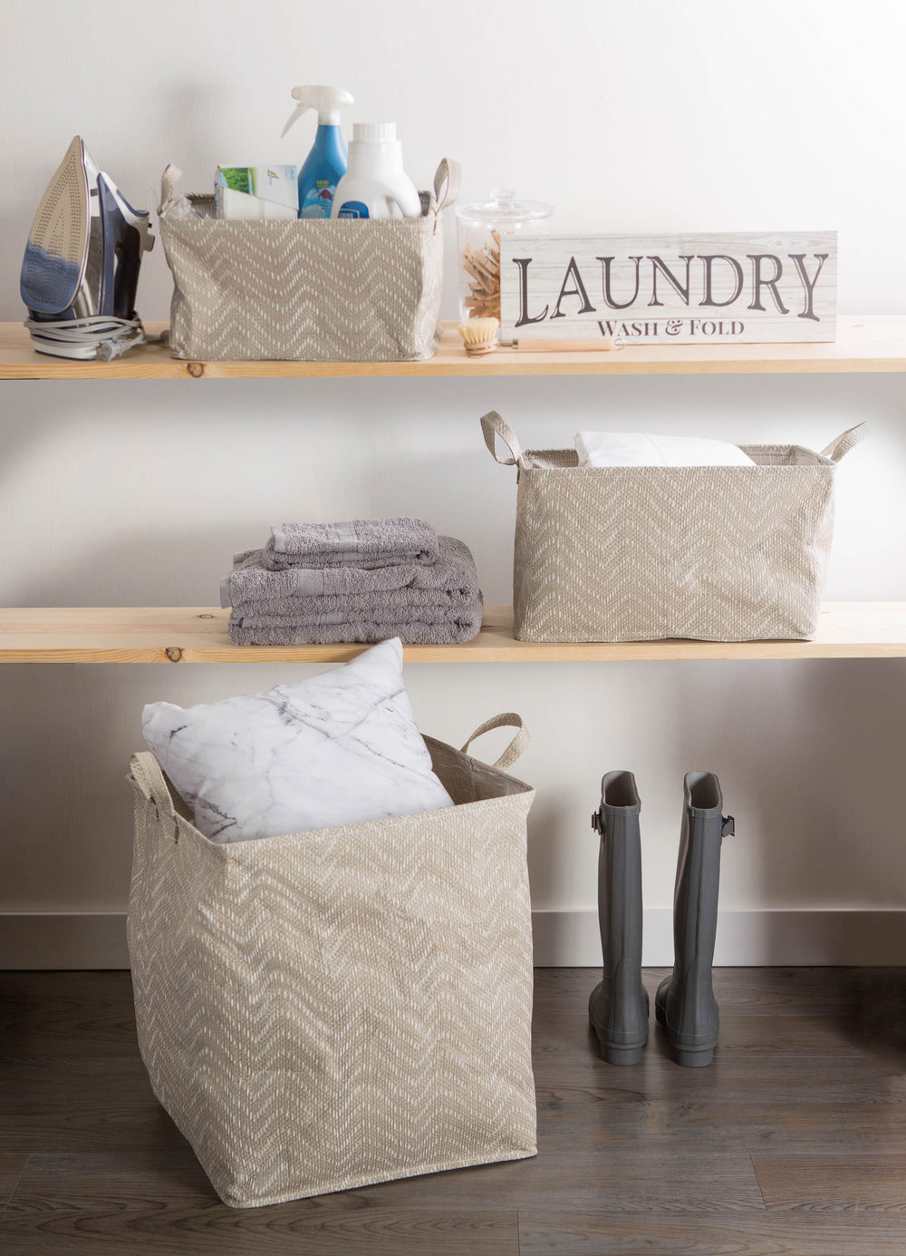 Stone/Cream Tribal Chevron Laundry Bin Large, Set of 2, 16x12.5x9.5