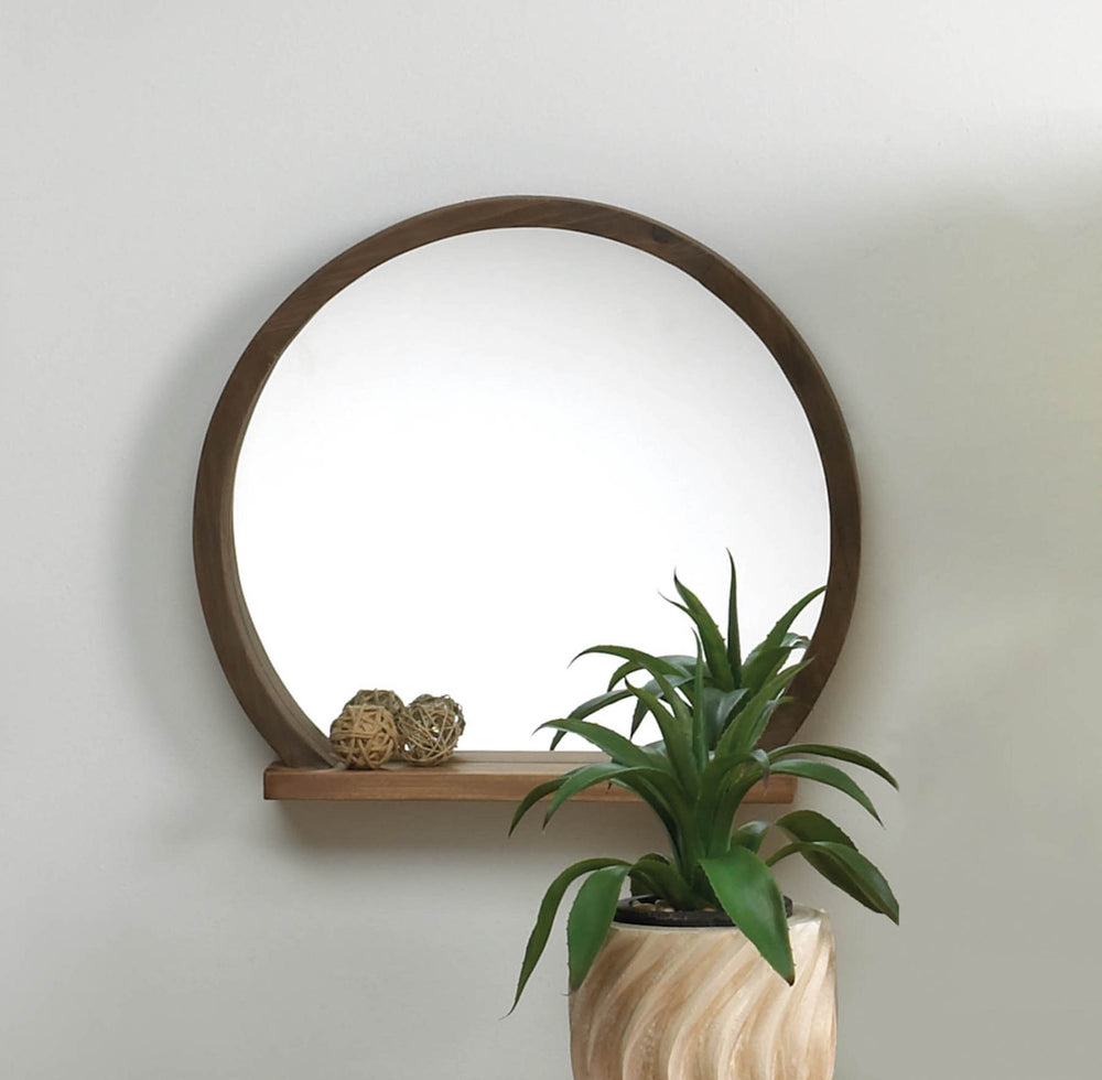 Round Wooden Mirror With Shelf