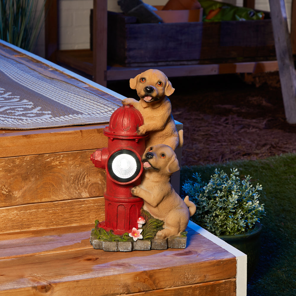 Dogs & Fire Hydrant Solar Statue