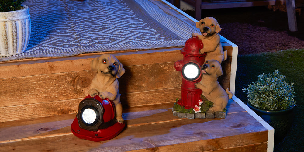 Dogs & Fire Hydrant Solar Statue