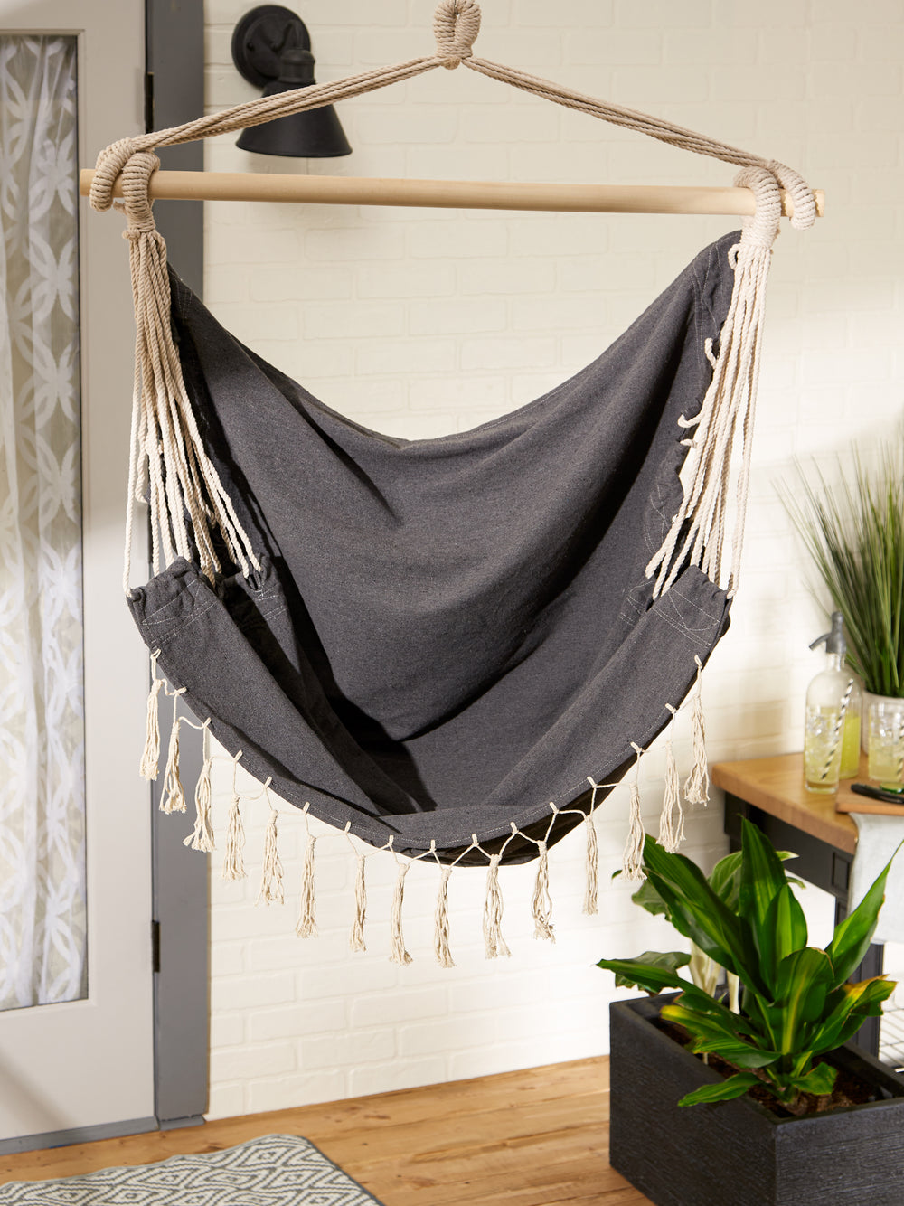 Gray Hammock Chair With Fringe Trim