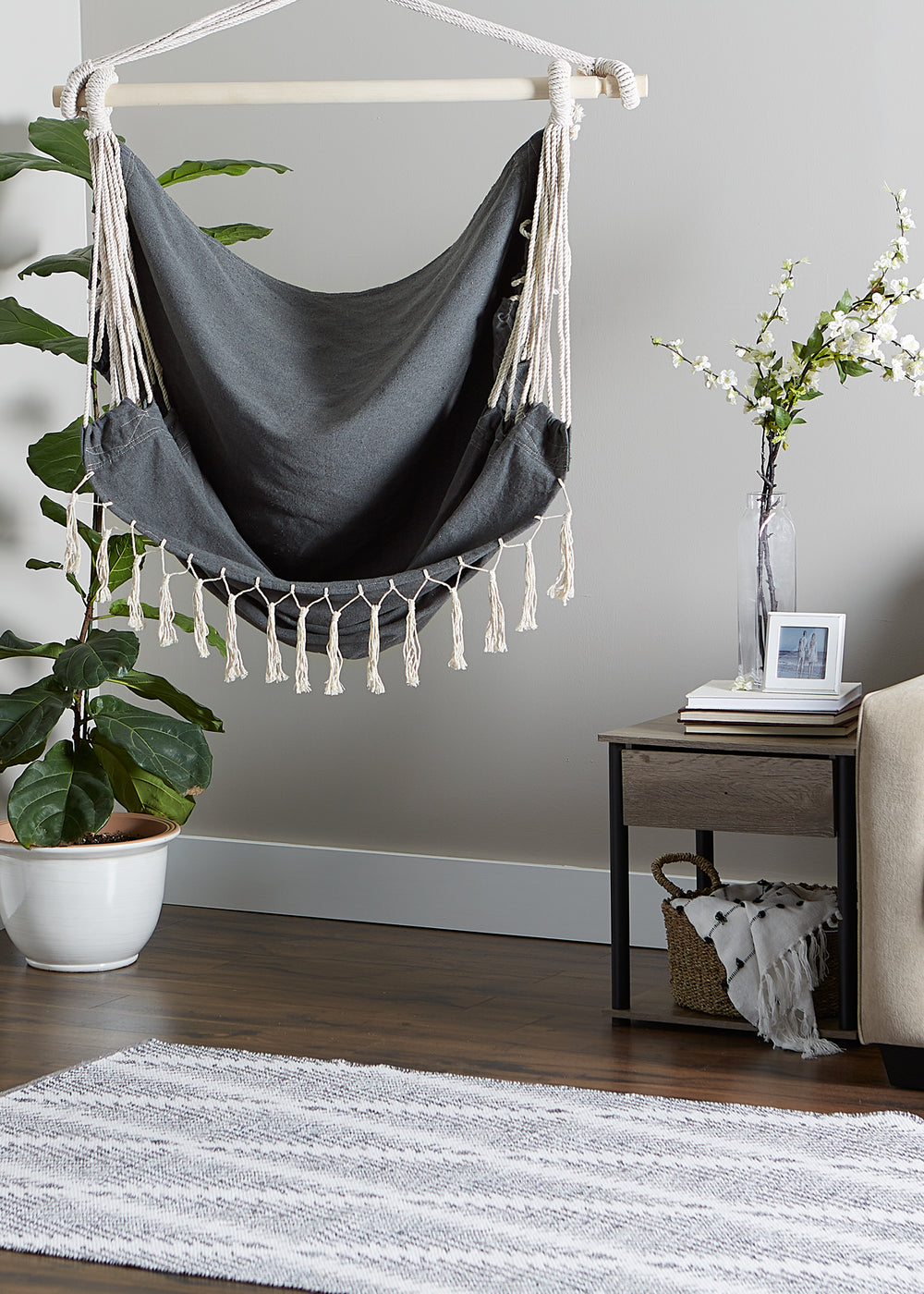 Gray Hammock Chair With Fringe Trim