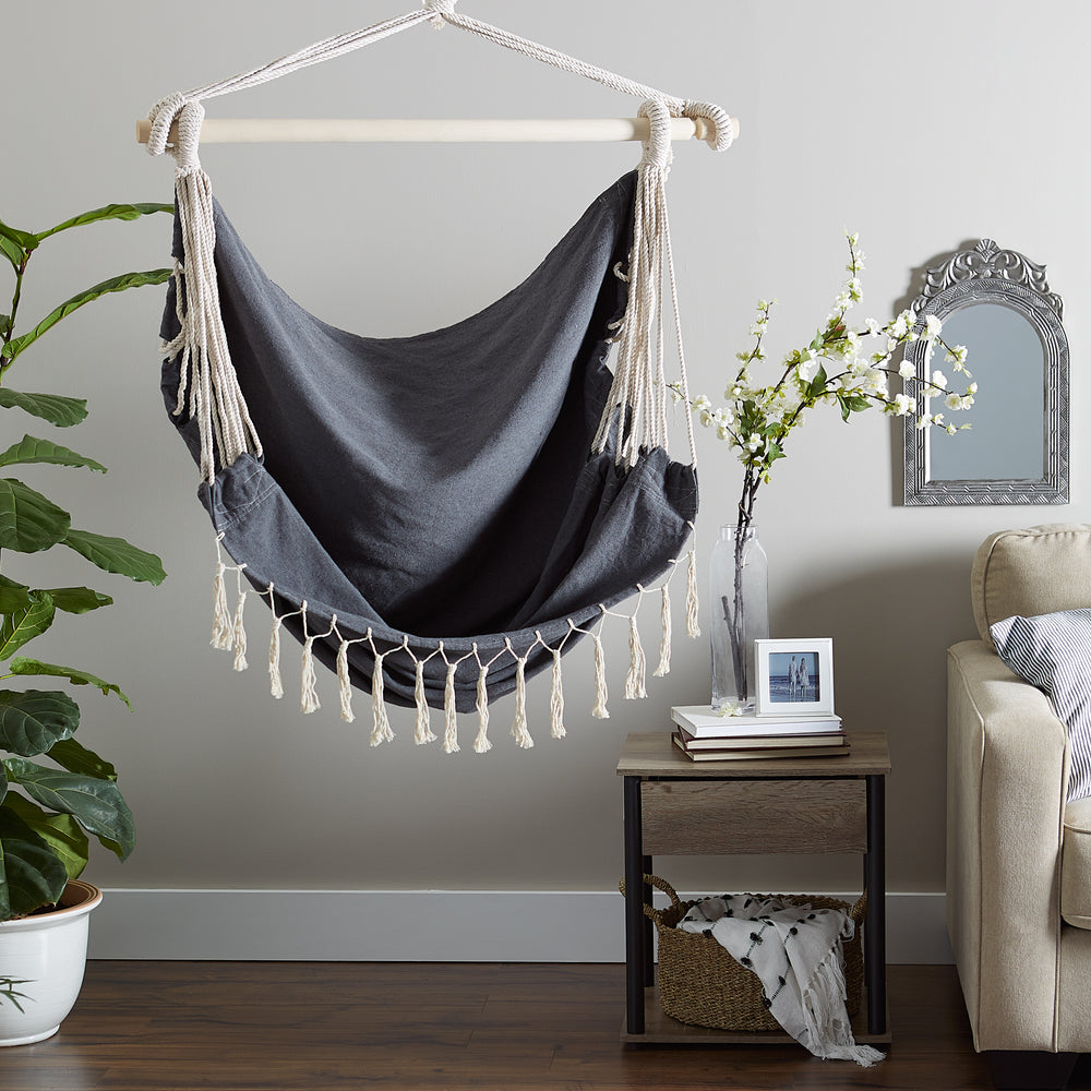 Gray Hammock Chair With Fringe Trim