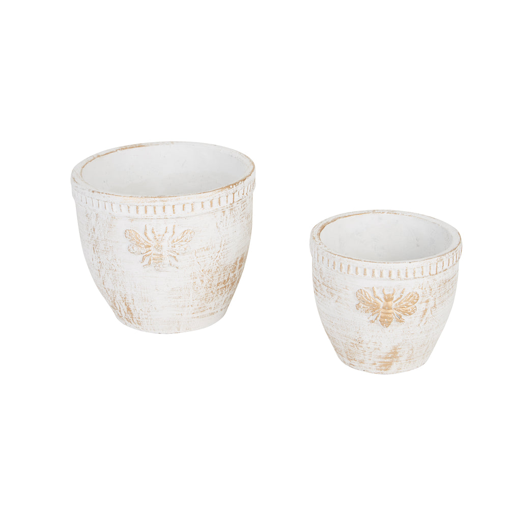 Gold Bee White Washed Cement Flower Pot Set of 2